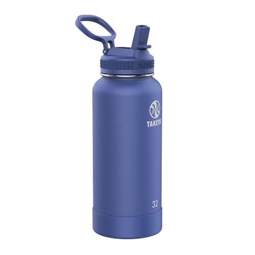 Takeya Pickleball Stainless Steel Insulated Water Bottle with Straw Lid, 32 Ounce, Rally Blue