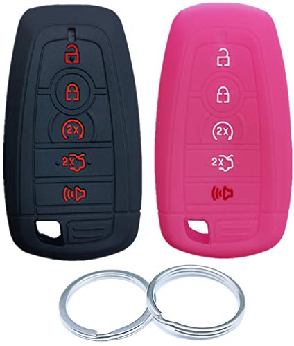 RUNZUIE 2pcs 5 Buttons Silicone Smart Key Fob Cover Compatible with 2021 2020 2019 2018 Ford Mustang Fusion Edge Explorer Expedition F-150 F-250 F-350 F-450 F-550 M3N-A2C93142600