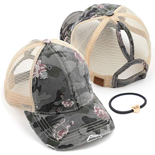 C.C Washed Distressed Cotton Denim Ponytail Hat Adjustable Baseball Cap (BT-925) (A Floral Camo/Grey)