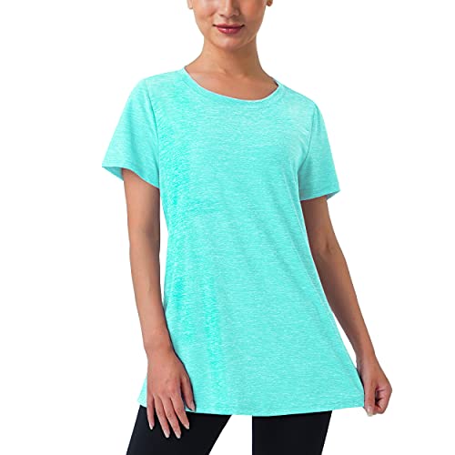 Kimmery Yoga Shirts for Women Loose Fit Short Sleeve Athletic O Neck Quick Dry Sports Shirt Ladies Summer Outdoor Compression Exercise Mountain Fishing Tops Aqua Blue L
