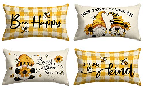 Molili Spring Summer Outdoor Lumbar Pillow Covers Yellow Bee Honey 12×20 Set of 4 Spring Linen Throw Pillow Cover Decorative Cushion Case for Sofa Bed Holiday Home Decor