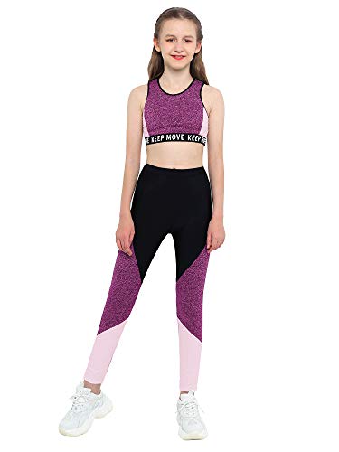 Moggemol Kids Girls 2 Piece Gymnastic Dance Outfit Crop Tops with Athletic Leggings Workout Activewear Pink Black 8