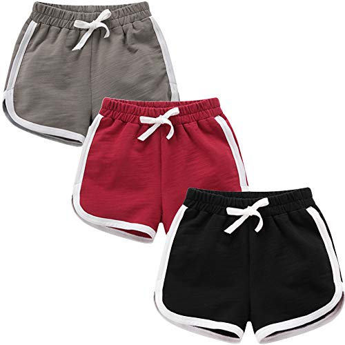 qtGLB Girls Shorts 3-Pack 100% Cotton Active Athletic Running Sleeping for Toddler Kids Big Girl’s (12-14, Grey Black Red)
