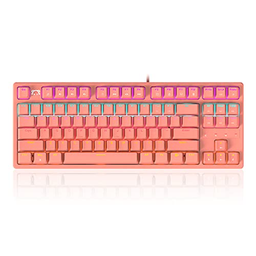 FIRSTBLOOD ONLY GAME. STK130 Mechanical Gaming Keyboard, Compact 87Keys Wired for Windows PC Gamers, Rainbow RGB Backlit, Blue Switches Salmon Pink