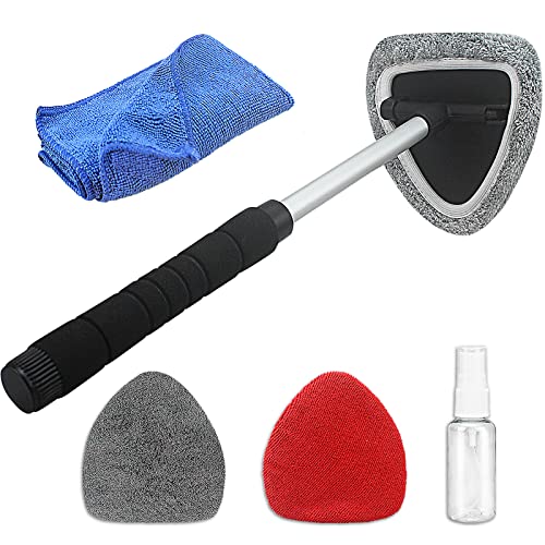 SoSickWithIt Car Cleaning Window Tool, Microfiber Car Window Cleaning Tool with 2 Washable and Reusable Cloth Pad Head, Extendable Handle and Spray Bottle for Auto Glass Wiper Car