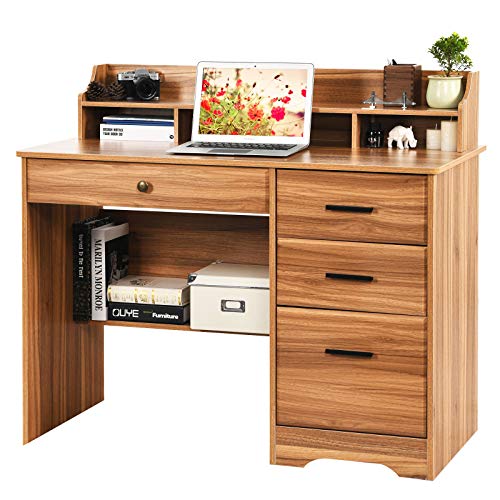 Catrimown Computer Desk with Drawers and Hutch, Farmhouse Home Office Desk Writing Table Wood Executive Desk Student Desk with File Drawer for Small Space, Bedroom (Rustic Oak)