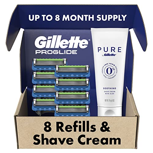 Gillette ProGlide Mens Razors 8 Razor Blade Refills Plus Gillette PURE Mens Soothing Shaving Cream with Aloe, 6 oz
