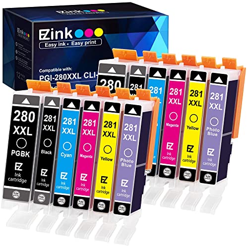 E-Z Ink (TM Compatible Ink Cartridge Replacement for Canon PGI-280XXL CLI-281XXL PGI 280XXL CLI 281XXL to use with PIXMA TS9120 TS8120 TS8220 (PGBK, Black, Photo Blue, Cyan, Magenta, Yellow) 12 Pack