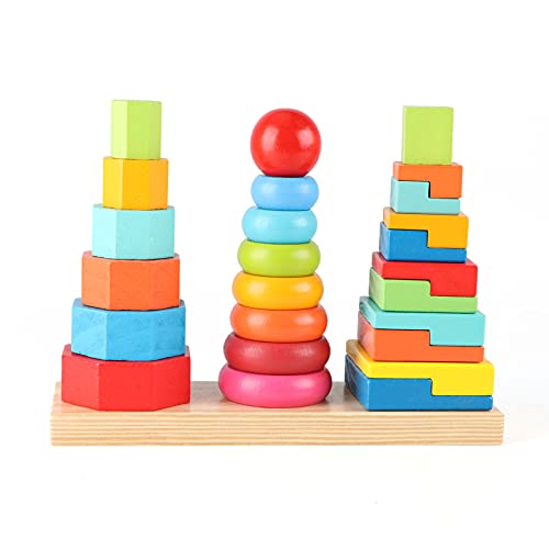 Qilay Wooden Sorting Stacking Montessori Toys for Boy Girl , Rainbow Geometric Stacker Shape Color Recognition Blocks Stacker, Educational Learning Toy for 3 +Years Old Boys and Girls