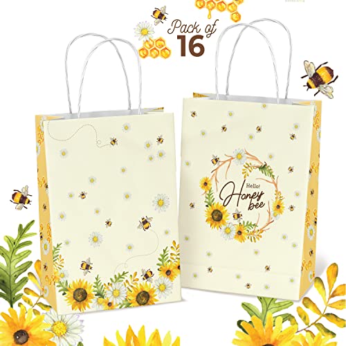 Joyful Toys Bee Gift Bags, Party Bags with Handles for Candies and Treats – Perfect for Kids Birthday, Baby Shower, Gender Reveal and Bumble Bee Themed Parties – Pack of 16, Size 20 x 10x 8 cm