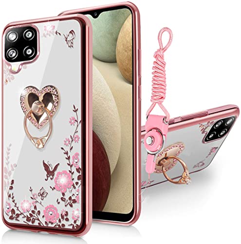 Samsung Galaxy A12 5G Case, Glitter Crystal Butterfly Heart Floral Slim Luxury Bling Diamond Rhinestone Cute Girls TPU Clear Case with Ring Grip Kickstand+Strap for Samsung A12 5G-Rose Gold