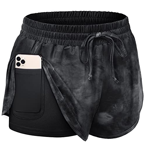 BLEVONH Running Shorts for Women，Drawstring Waist Athletic Gym Shorts with Liner Inner Pocket Black Grey Tie-Dye S