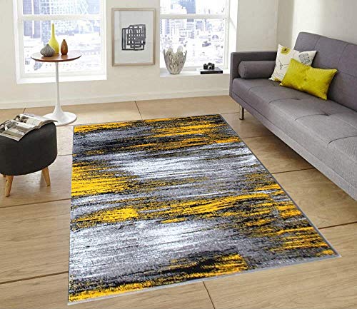 Champion Rugs Modern Contemporary Rugs for Living Dining Room Abstract Area Rug Yellow Grey Black (5’ 3” X 7’ 5”)