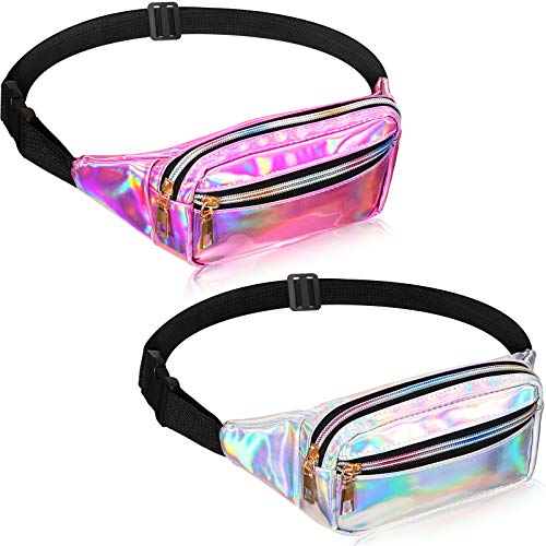 2 Pieces Fanny Pack Shiny Holographic Rave Cute Fanny Pack Waterproof Neon Waist Bags Adjustable for Women Festival Party Travel Hiking Outdoor Activities (Silver, Pink, Medium)