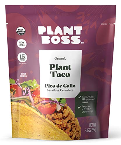 PLANT BOSS Pico de Gallo Plant Taco Crumbles | Organic Meatless Crumbles | 15g Protein Per Serving | Soy-Free | 3.35 oz bag | Pack of 6
