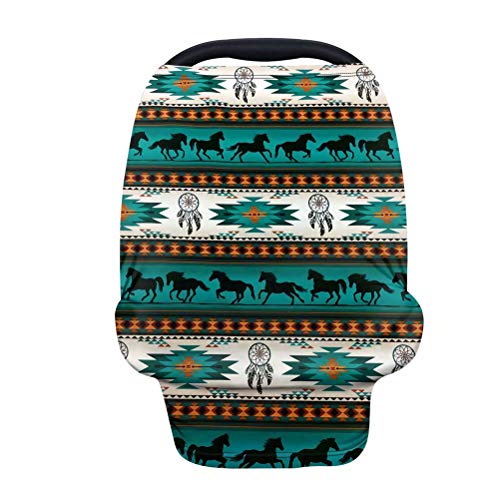 GIFTPUZZ Aztec Horses Carseat Canopy Cover Baby Car Seat Canopy Nursing Breastfeeding Covers Up Full Protection Baby Car Seat Canopies for Boys Girls Stroller Covers Shopping Cart Cover Green