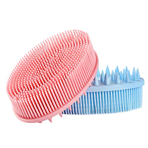 2 Pieces Exfoliating Silicone Body Scrubber, 2 in 1 Silicone Bath and Shampoo Brush, Wet and Dry Scalp Massager/Brush for Skin Care Scalp Massager – Pink & Blue