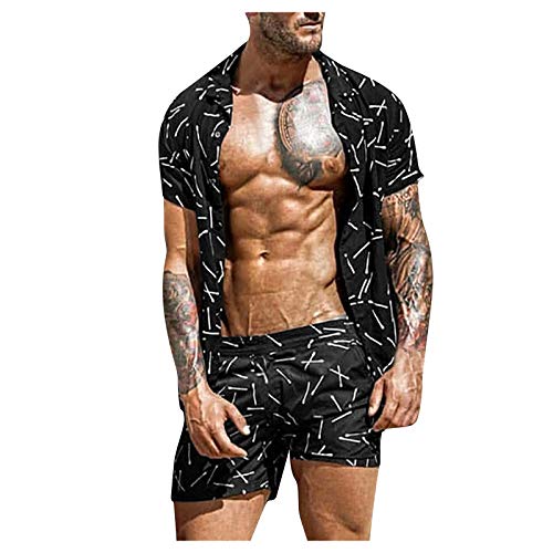 Men’s Flower Shirt Summer 2-Piece Beach Hawaiian Sets Casual Button Down Short Sleeve Shirt Shorts Outfit Suits Black