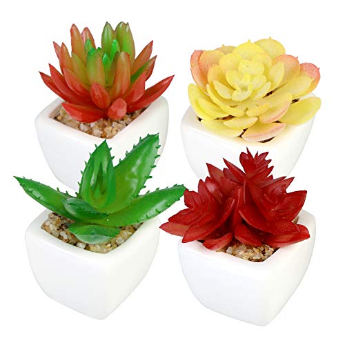 4 Pack Succulent Plants Artificial Fake Succulents in Pots Faux Succulents Fake Plants Bulk Assortment in Flocked Green Small Succulent Holder Decor for Window Landscape Garden Home Office Decor