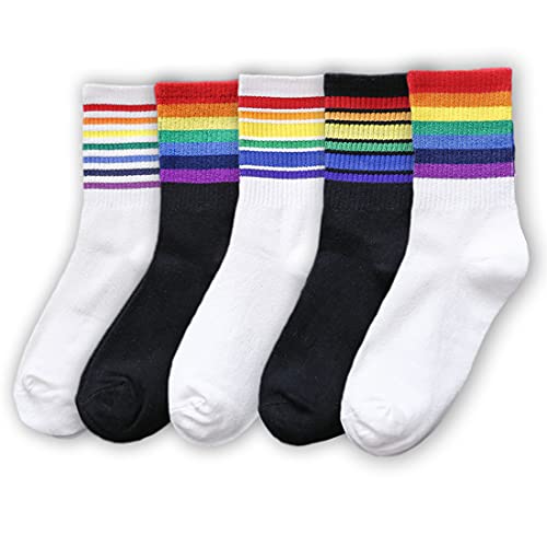 TulipRed Womens Rainbow Striped Socks with Rainbow Pattern Causal Ankle Crew Socks Gym Cotton Crew Athletic Pride Socks for Women & Girls with US Size 5-10 (5 Pairs/Rainbow)