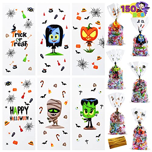 JOYIN 150 Pcs Halloween Cellophane Treat Bags with Twisted Ties, Halloween Trick or Treat Goodie Gift Bags, Clear Cookie and Candy Bags for Halloween Party Favor