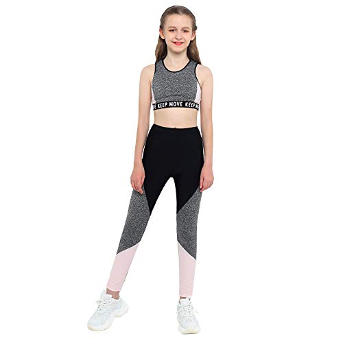 Yeeye Kids Girls Two Piece Athletic Outfit Sports Bra Crop Top with Yoga Leggings Gymnastics Dance Set Grey, 12, Gray