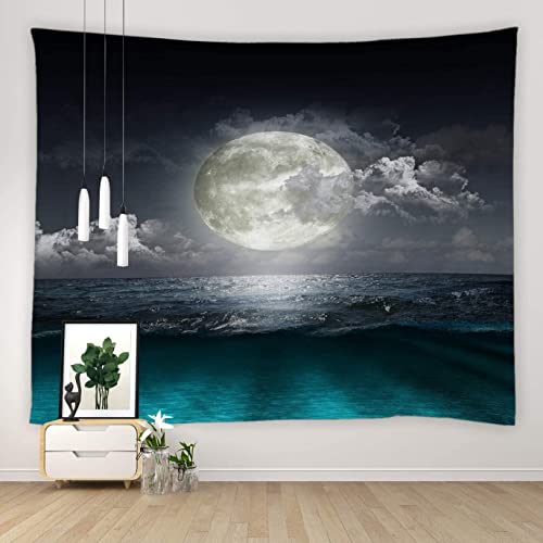 JEMXWUX Moon Ocean Tapestry Blue Sea Night Sky Moon Natural Scenery 3D Wall Hanging Bedroom Living Room Home Wall Decor