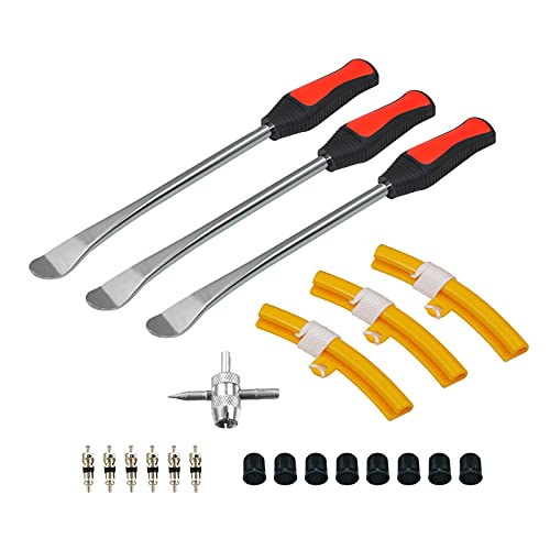 Handfly Tire Spoons Tool Set, Professional Tire Changing Kit for Dirt Bike, Motorcycle, Wheelchair, Lawn Mower, Tractor, 3X Tire Spoons, 3X Rim Protectors, 1X Valve Tool, 6X Valve Cores (Basic Sets)