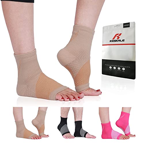 Keskale Ankle Brace Compression Sleeve (3 Pairs) for Neuropathy Pain, Achilles Tendonitis & Plantar Fasciitis Relief – Foot Brace, Toeless Ankle Support Compression Socks for Women & Men (Beige, L)