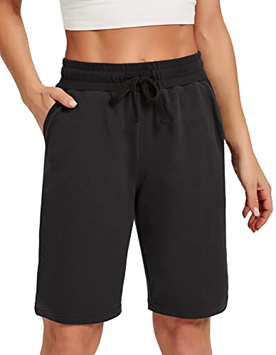 SPECIALMAGIC Cotton Sweat Shorts with Pockets for Women 10″ Athletic Lounge Sports Workout Bermuda Knee Shorts Black