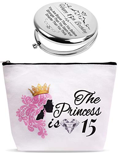 15th Birthday Gifts for Teen Girls, 15 Year Old Girl Gifts for Birthday, Birthday Gifts for 15 Year Old Girls, Present for 15 Year Old Girl, 15th Birthday Mirror, 15th Birthday Makeup Bag Cosmetic Bag