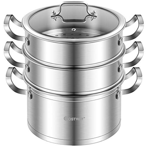 COSTWAY 3-Tier Stainless Steel Steamer for Cooking, Boiler Pot with Handles on Both Sides, Transparent Tempered Glass Lid, Free Combination Design, for Induction, Radiant-Tube Furnace