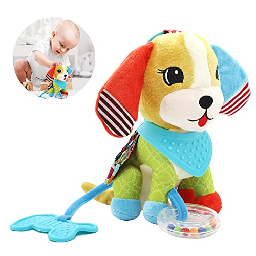 BLOOBLOOMAX Baby Car Seat Toys, Infant Soft Plush Rattle, Cute Animal Doll,Early Development Hanging Stroller Toys for Newborn Boys Girls Gifts (Dog)