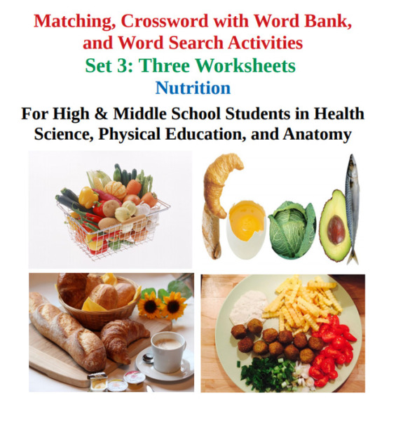 Nutrition: Matching, Crossword with Word Bank, and Word Search Worksheets – Set 3