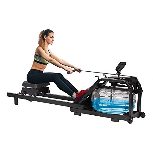 LUCKYERMORE Water Rowing Machine with LCD Monitor for Home/Gym, 265 Lbs Weight Capacity, Adjustable, Space Saving, Mobile, Double Track Indoor Rower Fitness, Black