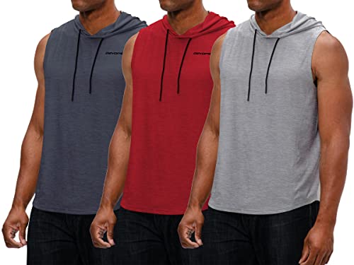 DEVOPS Men’s 3 Pack Hoodie Sleeveless Fishing Hiking Running Workout T-Shirts (Medium, Charcoal/Red/Gray)