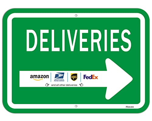 Deliveries with Right Arrow Sign 10″ x 14″ Package Delivery Instructions for FedEx Amazon Ups USPS Sign Metal Reflective Rust Aluminum, UV Protected Waterproof Outdoor Use Fade-Resistant