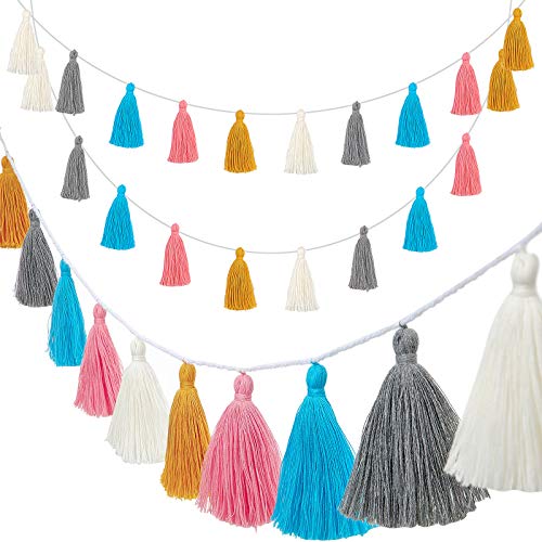 4 Pieces Tassel Garland Colorful Boho Tassel Garland Decorative Felt Banners Wall Hanging for Festival Pre Assembled (Yellow, Gray, Blue, Pink, White, 3.1 Inch)