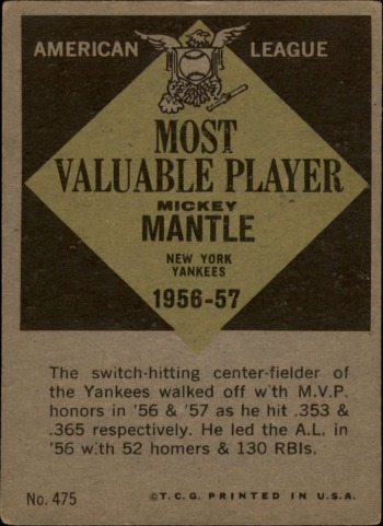 1961 Topps # 475 Most Valuable Player Mickey Mantle New York Yankees (Baseball Card) VG+ Yankees | The Storepaperoomates Retail Market - Fast Affordable Shopping