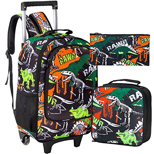 3PCS Kids Rolling Backpack for Boys, Dinosaur Roller Wheeled Bookbag Toddler Elementary School Bag with Wheels