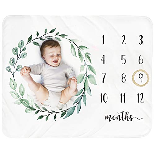 Baby Monthly Milestone Blanket Boy – Newborn Month Blanket Unisex Neutral Personalized Shower Gift Leaf Nursery Decor Photography Background Prop with Wooden Wreath Large 51”x40”