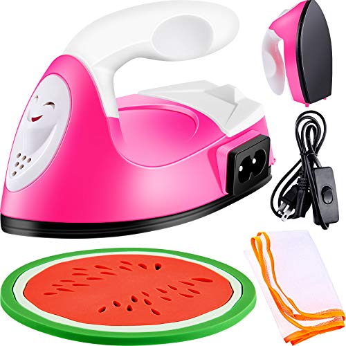 Mini Iron Mini Heat Press Portable Handy Heat Press Heat Transfer Machine with Mesh Cloth Pressing Cloth Pad Silicone Pad, Charging Base Accessories for T Shirt Shoe Bag (Rose Red)