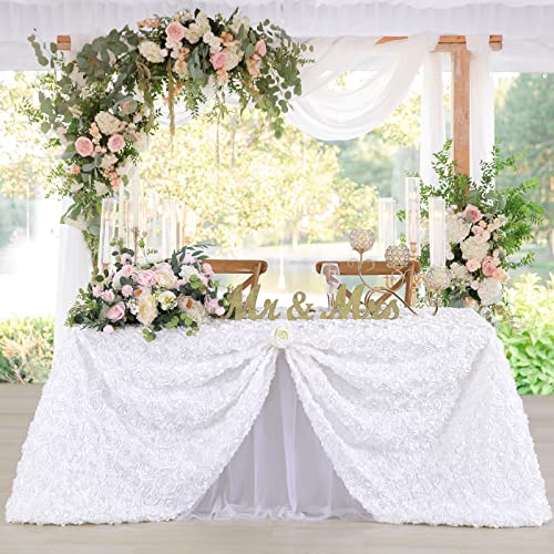 Rosette Tablecloth White 50×80 Inches Rectangular 3D Floral Satin Rosette Fabric Table Cover Grandiose Wedding Party Baby Shower Decorations