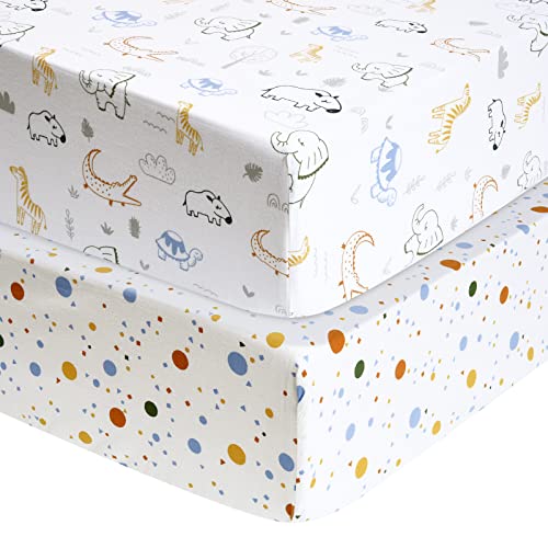 PHF 100% Cotton Crib Sheets Fitted 2 Pack, Soft Breathable Comfortable Baby Sheet Set for Boys Girls Neutral, Premium Crib Sheets Fits Standard Crib and Toddler Mattress 28in x 52in, Woodland Animals