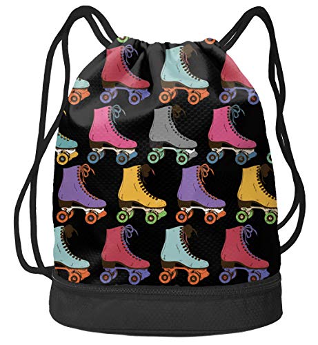 D-WOLVES Waterproof Drawstring Backpack Retro Colorful Roller Skates Pull String Bag Swimming Football School Sports Gym Bags With Zipper Pockets Beach Yoga Sackpack for Girl Boys Teen