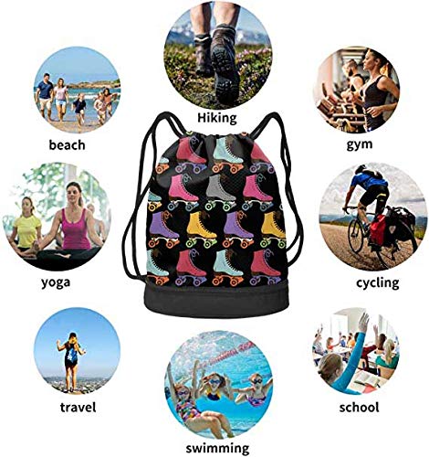 D-WOLVES Waterproof Drawstring Backpack Retro Colorful Roller Skates Pull String Bag Swimming Football School Sports Gym Bags With Zipper Pockets Beach Yoga Sackpack for Girl Boys Teen | The Storepaperoomates Retail Market - Fast Affordable Shopping