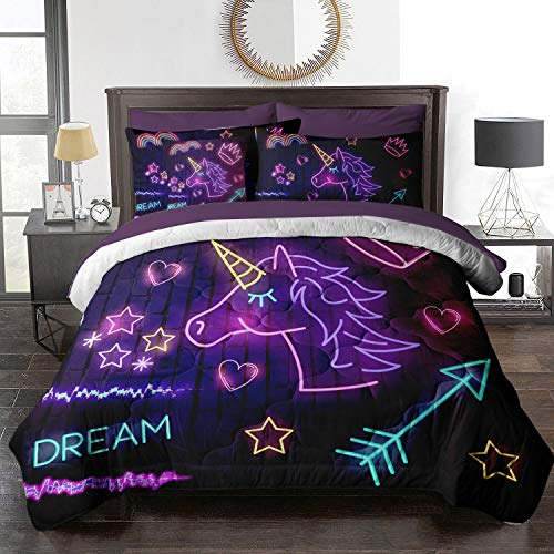 BlessLiving 8-Piece Unicorn Comforter Set Purple Neon Bed in A Bag for Boys Girls – 1 Comforter, 2 Pillow Shams, 1 Flat Sheet, 1 Fitted Sheet, 1 Cushion Cover, 2 Pillowcases (Full)
