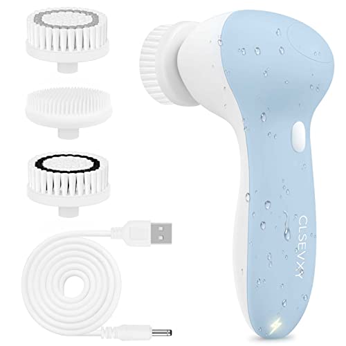 Rechargeable Facial Cleansing Spin Brush Set with 3 Exfoliating Brush Heads – Waterproof Face Scrubber Cleanser Brush by CLSEVXY – Face Brush for Gentle Exfoliation and Deep Scrubbing