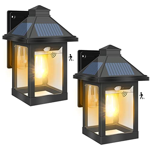 INDARUN 2 Pack Solar Wall Lantern Lights with Motion Sensor, Outdoor Waterproof Solar Powered LED Wall Sconce, Black Porch Light Fixtures, 3 Modes Warm White Lighting for Garage, Garden, Yard, Patio