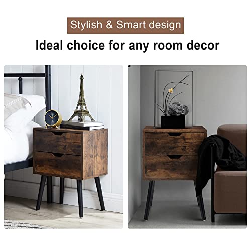 Mid-Century Modern Nightstand,Set of 2 Bedside Table Wooden,Side Table with 2 Drawer,End Table,Accent Table,Sofa Side Table for Small Spaces,Living Room Bedroom Furniture,Rustic Brown | The Storepaperoomates Retail Market - Fast Affordable Shopping